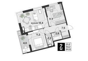 2-к квартира, строящийся дом, 59м2, 13/18 этаж