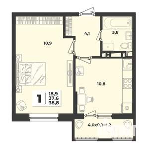 1-к квартира, строящийся дом, 39м2, 4/9 этаж