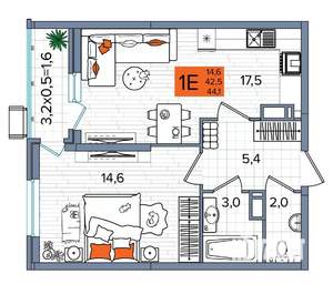 1-к квартира, сданный дом, 44м2, 16/16 этаж