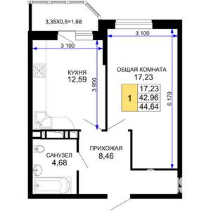 1-к квартира, вторичка, 45м2, 2/19 этаж