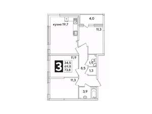 3-к квартира, вторичка, 73м2, 6/16 этаж