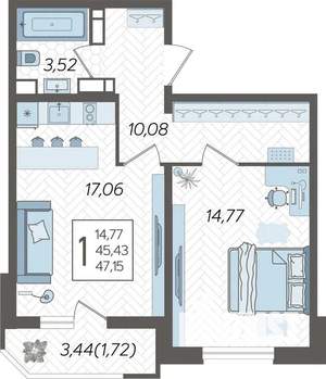1-к квартира, вторичка, 49м2, 22/23 этаж