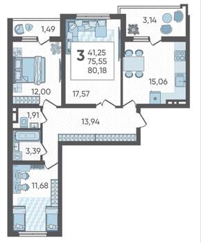 3-к квартира, вторичка, 80м2, 7/19 этаж