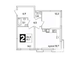 2-к квартира, вторичка, 61м2, 9/16 этаж