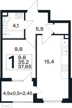 1-к квартира, вторичка, 38м2, 1/4 этаж