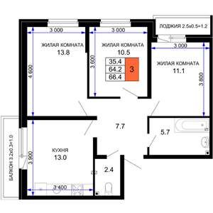 3-к квартира, вторичка, 66м2, 2/16 этаж