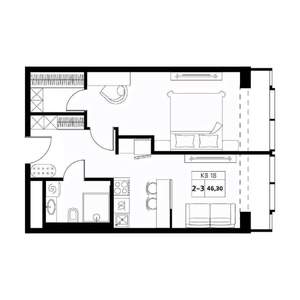 2-к квартира, вторичка, 46м2, 17/19 этаж