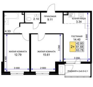 2-к квартира, вторичка, 64м2, 2/16 этаж
