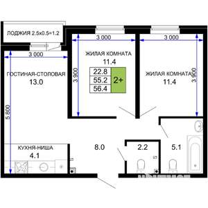 2-к квартира, вторичка, 56м2, 2/16 этаж