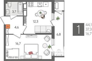 1-к квартира, вторичка, 44м2, 24/24 этаж