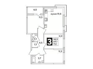 3-к квартира, вторичка, 73м2, 3/16 этаж