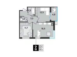 2-к квартира, строящийся дом, 60м2, 6/9 этаж