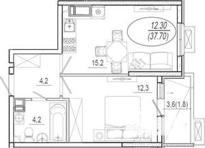 1-к квартира, вторичка, 38м2, 2/15 этаж