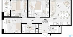 3-к квартира, вторичка, 68м2, 4/18 этаж
