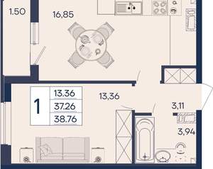 1-к квартира, вторичка, 39м2, 3/18 этаж