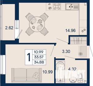 1-к квартира, вторичка, 35м2, 2/18 этаж