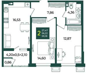 2-к квартира, вторичка, 59м2, 5/18 этаж