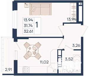 1-к квартира, вторичка, 33м2, 8/18 этаж