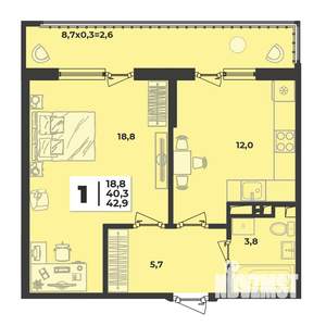 1-к квартира, строящийся дом, 43м2, 9/9 этаж