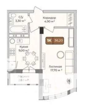 1-к квартира, вторичка, 36м2, 5/9 этаж