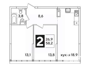 2-к квартира, вторичка, 58м2, 16/16 этаж