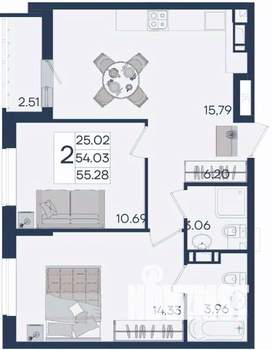 2-к квартира, вторичка, 55м2, 6/18 этаж