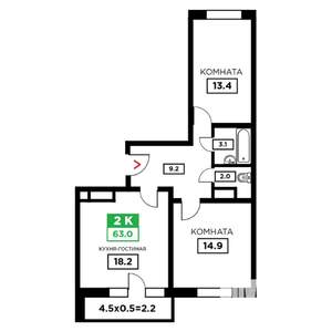 2-к квартира, строящийся дом, 63м2, 17/24 этаж