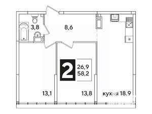 2-к квартира, вторичка, 58м2, 16/16 этаж