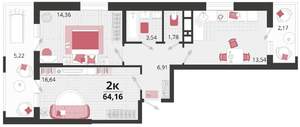 2-к квартира, вторичка, 64м2, 17/18 этаж