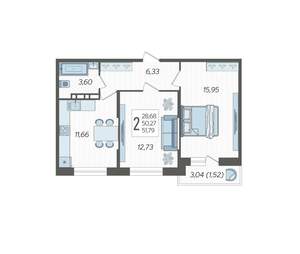 2-к квартира, строящийся дом, 52м2, 12/12 этаж