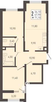 2-к квартира, строящийся дом, 71м2, 1/8 этаж
