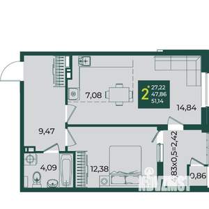 2-к квартира, вторичка, 51м2, 5/18 этаж