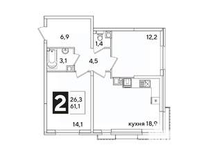 2-к квартира, вторичка, 61м2, 8/16 этаж