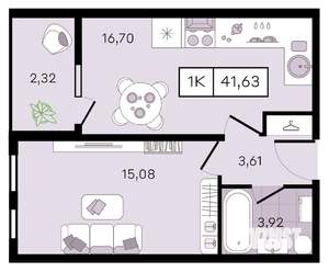 1-к квартира, вторичка, 42м2, 8/8 этаж