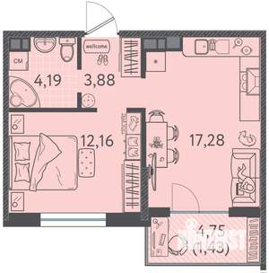 1-к квартира, вторичка, 39м2, 2/9 этаж