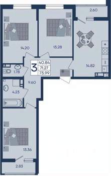 3-к квартира, вторичка, 74м2, 6/18 этаж