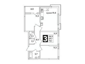 3-к квартира, вторичка, 73м2, 9/16 этаж