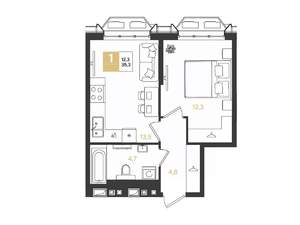 1-к квартира, вторичка, 35м2, 15/18 этаж