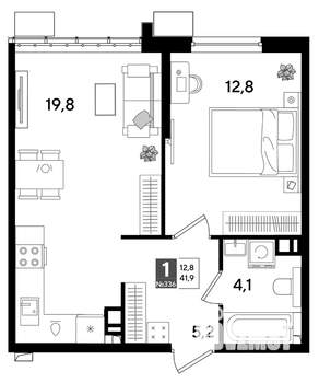 1-к квартира, строящийся дом, 42м2, 7/16 этаж