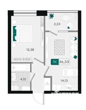 1-к квартира, вторичка, 36м2, 3/18 этаж