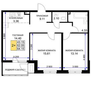 2-к квартира, вторичка, 64м2, 2/16 этаж