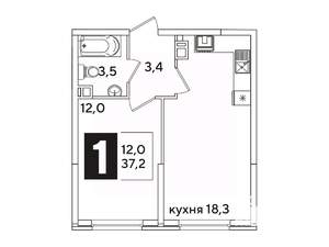 1-к квартира, вторичка, 37м2, 7/16 этаж