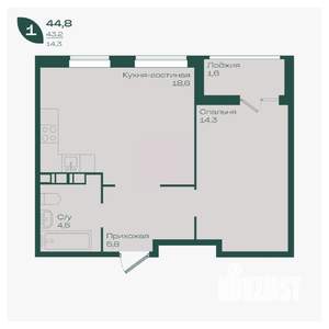 1-к квартира, вторичка, 45м2, 6/18 этаж