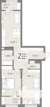 2-к квартира, вторичка, 67м2, 13/15 этаж