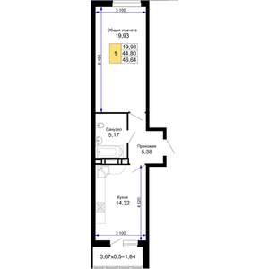 1-к квартира, строящийся дом, 47м2, 6/15 этаж