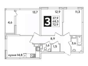 3-к квартира, вторичка, 73м2, 12/16 этаж