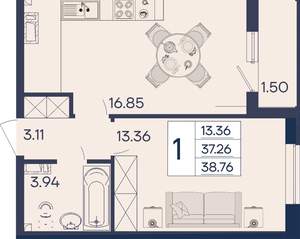 1-к квартира, вторичка, 39м2, 9/18 этаж