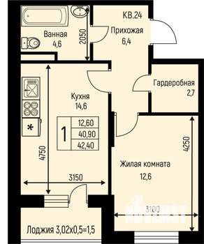 1-к квартира, строящийся дом, 42м2, 2/3 этаж