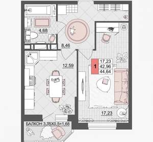 1-к квартира, вторичка, 43м2, 9/19 этаж