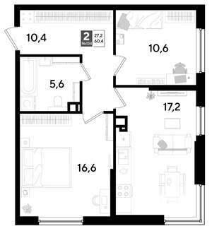 2-к квартира, строящийся дом, 60м2, 3/16 этаж